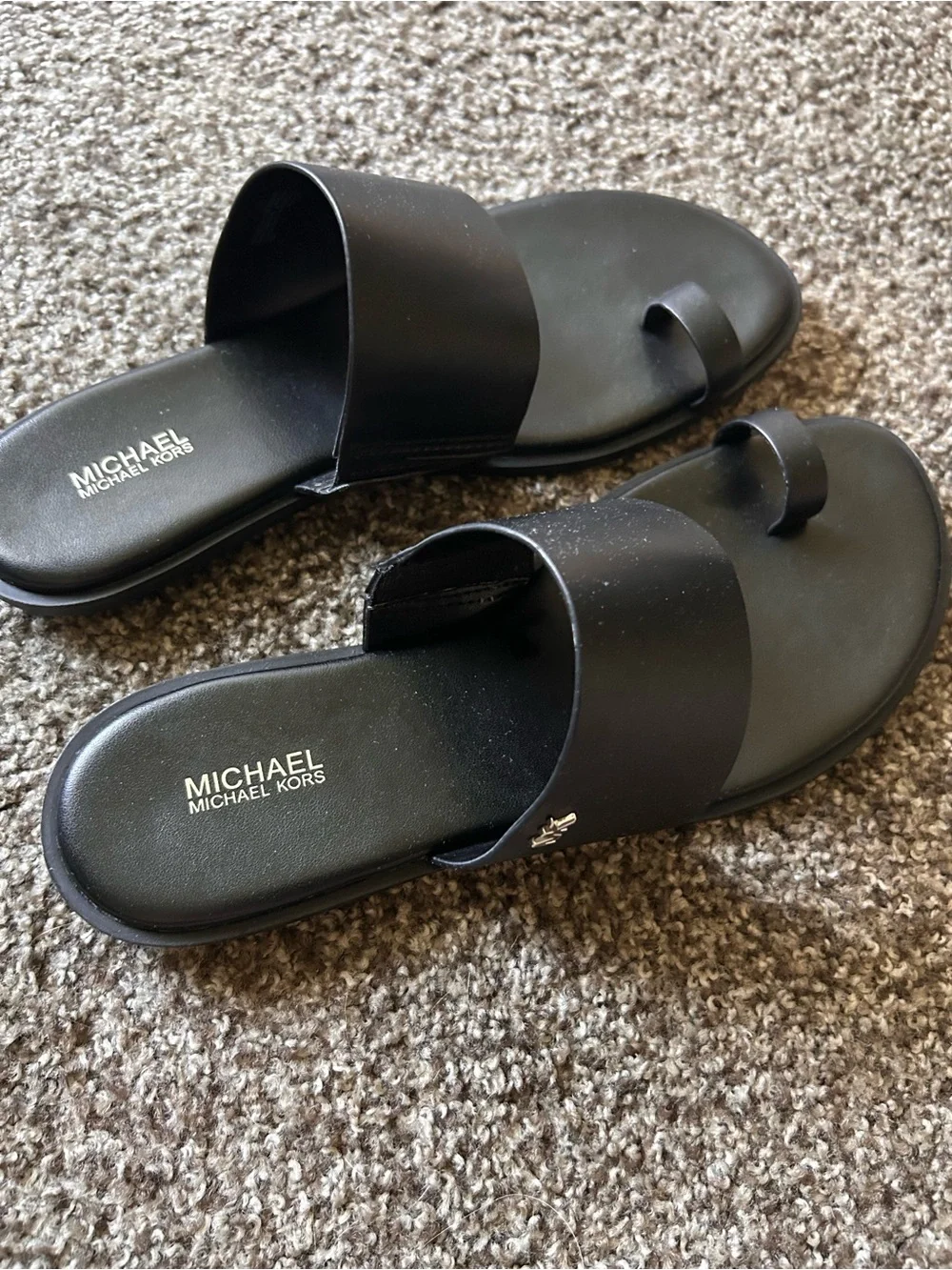 Michael Kors Black Leather Slide Sandals with Logo Sole - Picture 2 of 4